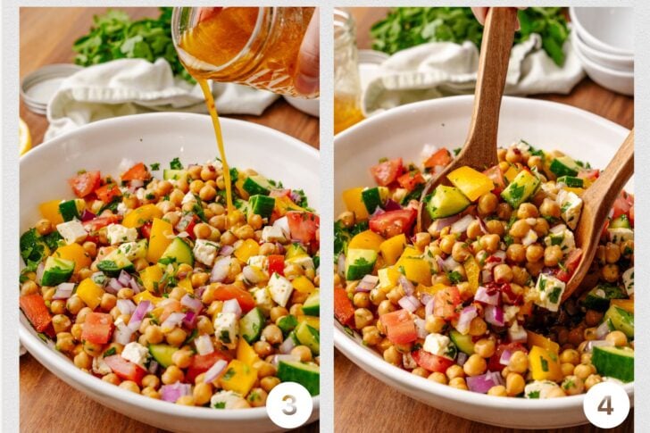 Salad dressing being poured over Chickpea Salad and then mixed with wooden salad utensils.