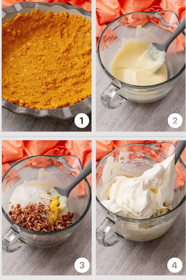 Process photos for million dollar pie, first shot - graham cracker crust, second - condensed milk in a mixing cup, third - pecan and pineapple added to mixing cup, forth - whipped topping added.