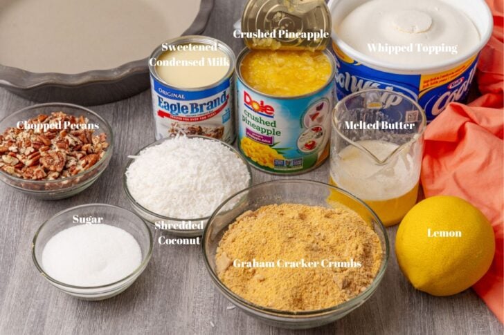 Ingredients for Million Dollar Pie in glass bowls along with a pie plate.