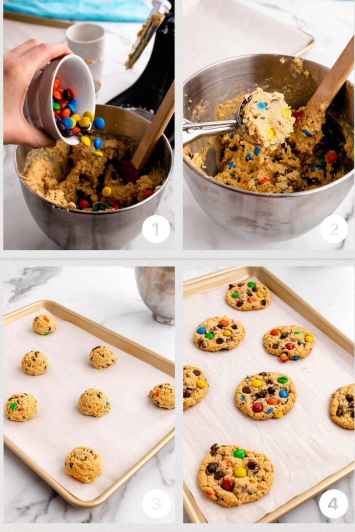 Process steps - photo 1 M&Ms poured into dough, photo 2 scoop of cookie dough, photo 3 cookie balls on parchment lined cookie sheet, photo 4 baked Monster cookies.
