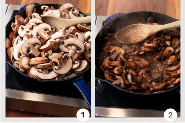 Phot 1 - sliced mushrooms in a cast iron skillet with a wooden spoon and photo 2 - cooked sliced mushrooms stirred with a wooden spoon.