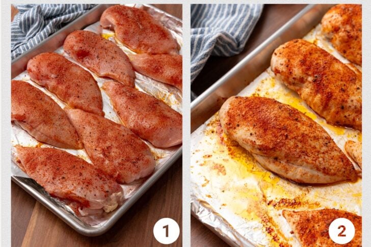 Two process shots for how to make the best roasted chicken breasts in the oven.