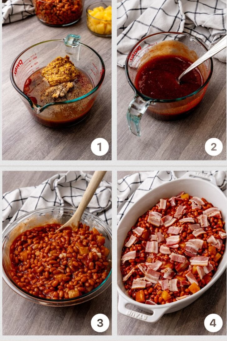 4 step process photos with bbq sauce ingredients, sauce mixed, pork and beans with pineapple and beans in casserole dish topped with bacon.