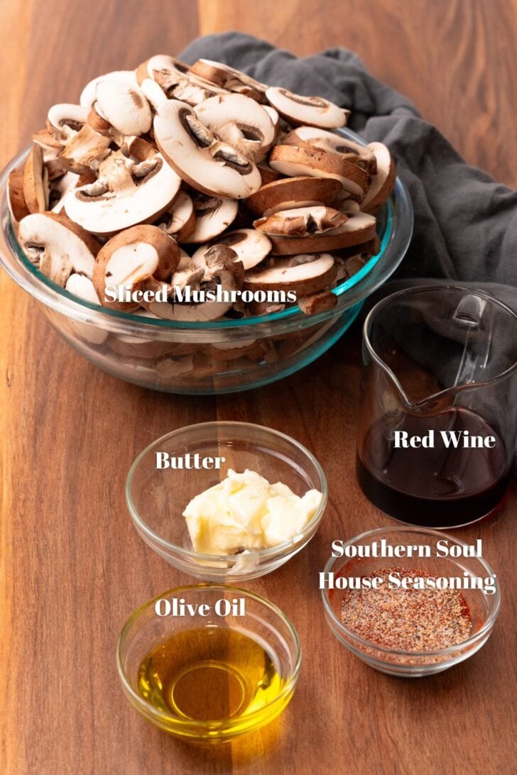 Ingredients in glass containers to make easy sauteed mushrooms.