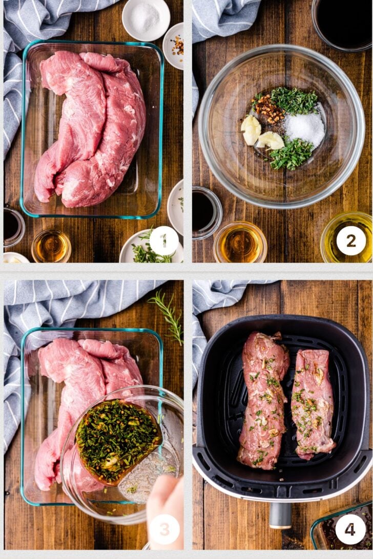 Photo 1 - pork tenderloin in glass baking dish, Photo 2 - chopped thyme, rosemary and spices for marinade, Photo 3 - marinade being poured over pork tenderloin, Photo 4 - pork tenderloin in the basket of an air fryer.