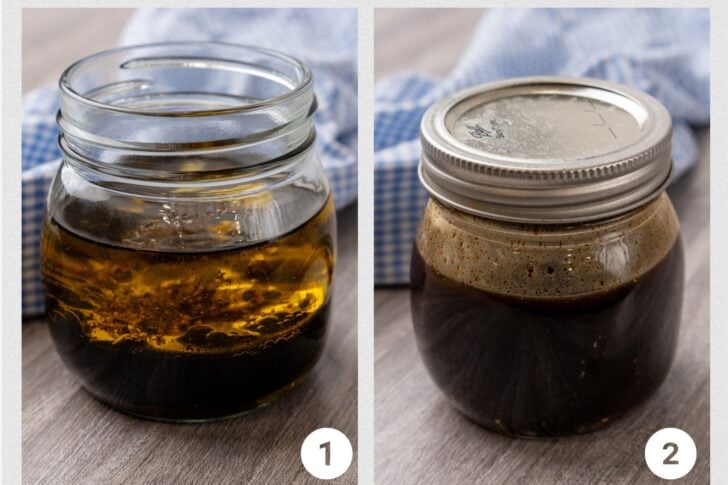 Photo 1 - ingredients for balsamic dressing in a small jar, Photo 2 - basamic dressing mixed up in a jar with a silver lid.