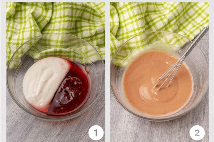 Photo 1 of ranch dressing and bbq sauce in glass bowl, Photo 2 ingredients mixed with wire whisk.