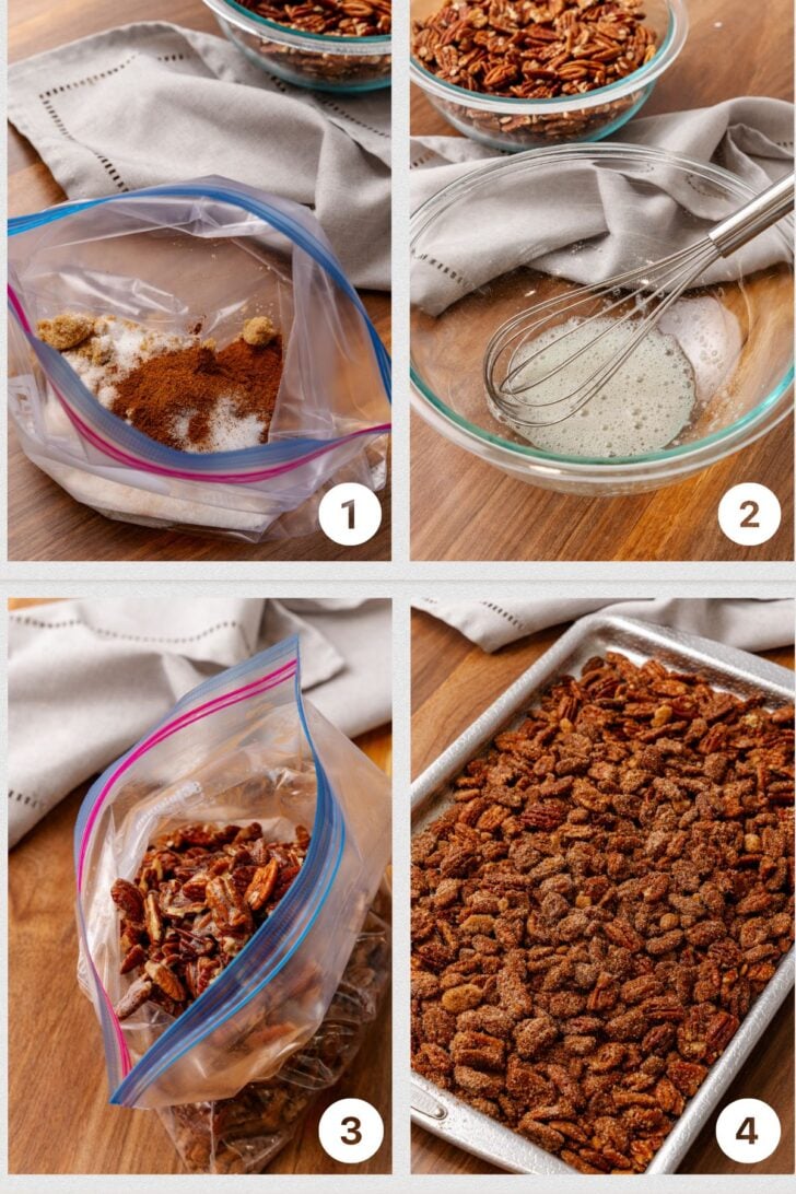 Photo 1 - plastic bag with cinnamon sugar, Photo 2 - egg white whipped with a whisk, Photo 3 - pecans tossed in cinnamon sugar in a plastic bag, Photo 4 - candied pecans on a metal baking tray.