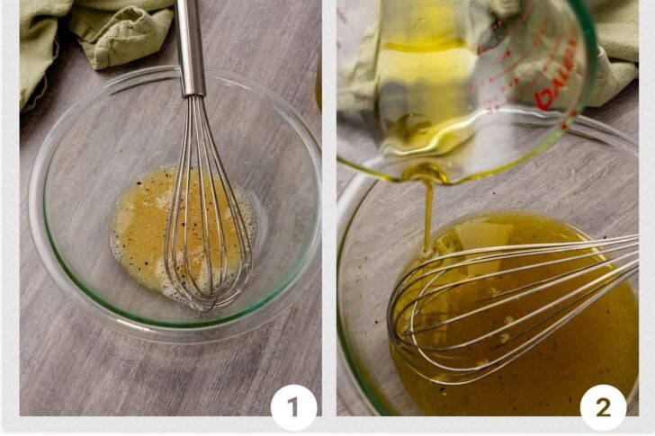 Photo 1 - vinegar, mustard, garlic, salt and pepper for base of dressing, Photo 2 - olive oil being whisked in the dressing.