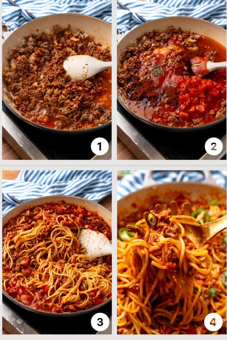Photo1 - ground beef and bacon cooked in a skillet, Photo2 - beef mixture combined with Rotel tomatoes and tomato sauce, Photo 3 - meat sauce tossed with cooked spaghetti in skillet, Photo 4 - Cowboy spaghetti served with green onions topping.
