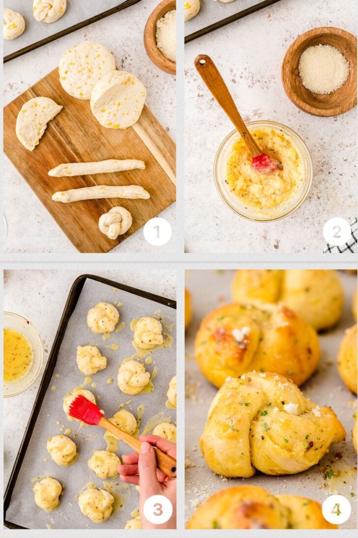 Photo 1- canned biscuits on a cutting board, Photo 2- garlic butter with Parmesan cheese, Photo 3 - garlic knots on a baking sheet being brushed with garlic butter, Photo 4 - baked garlic knots.