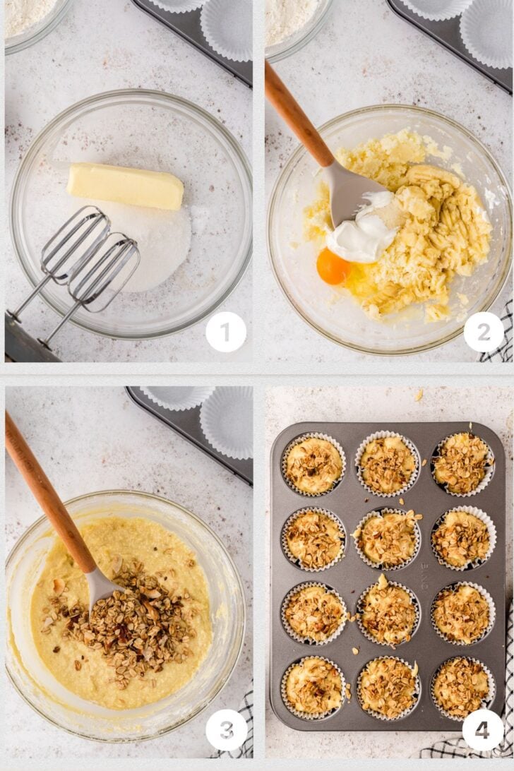 Photo 1 - butter and sugar in a clear bowl, Photo 2 - wet ingredients being mixed in a clear bowl, Photo 3 - wet ingredients mixed with granola, Photo 4 - muffin tine with liners and homemade granola banan muffins.