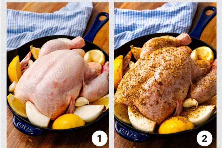 Photo 1 - whole uncooked chicken with onions and lemons in a cast iron skillet, Photo 2 - seasoned chicken in cast iron skillet.