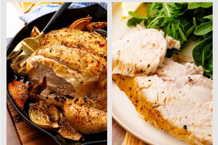 Photo 1 - whole sliced roasted chiecken in a cast iron skillet, Photo 2 - slices of white meat chicken on a white plate.