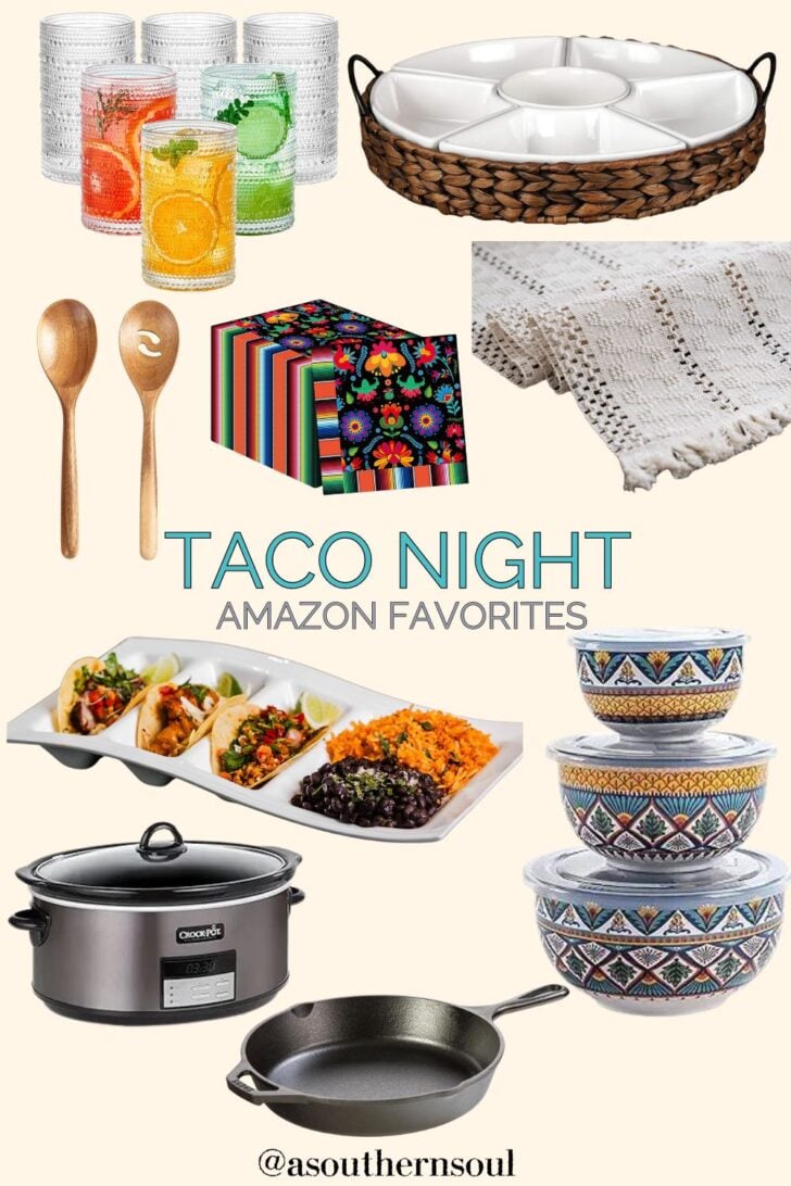 Amazon round up of favorite kichen tools and table decor for taco night.