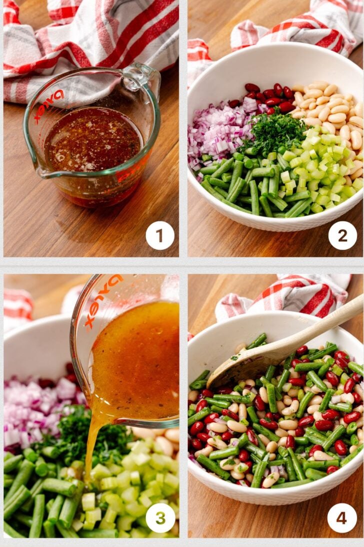 Photo 1 - homemade salad dressing, Photo 2 - beans, celery, onion in a large white bowl, Photo3 - dressing being poured over the salad ingredientss, Photo 4 - salad in a bowl tossed with wooden spoon.