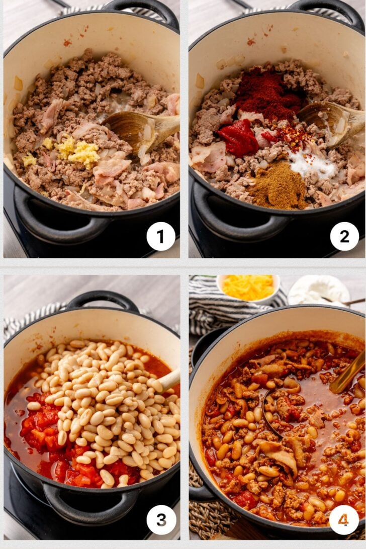 Photo 1 - ground turkey, bacon, garlic and onion cooked in a pot, Photo2 - spices added to cooked turkey and bacon, Photo 3 - tomatoes and beans added to meat mixture in black pot, Photo 4 - all ingredients in a black pot simmered and ready for serving.
