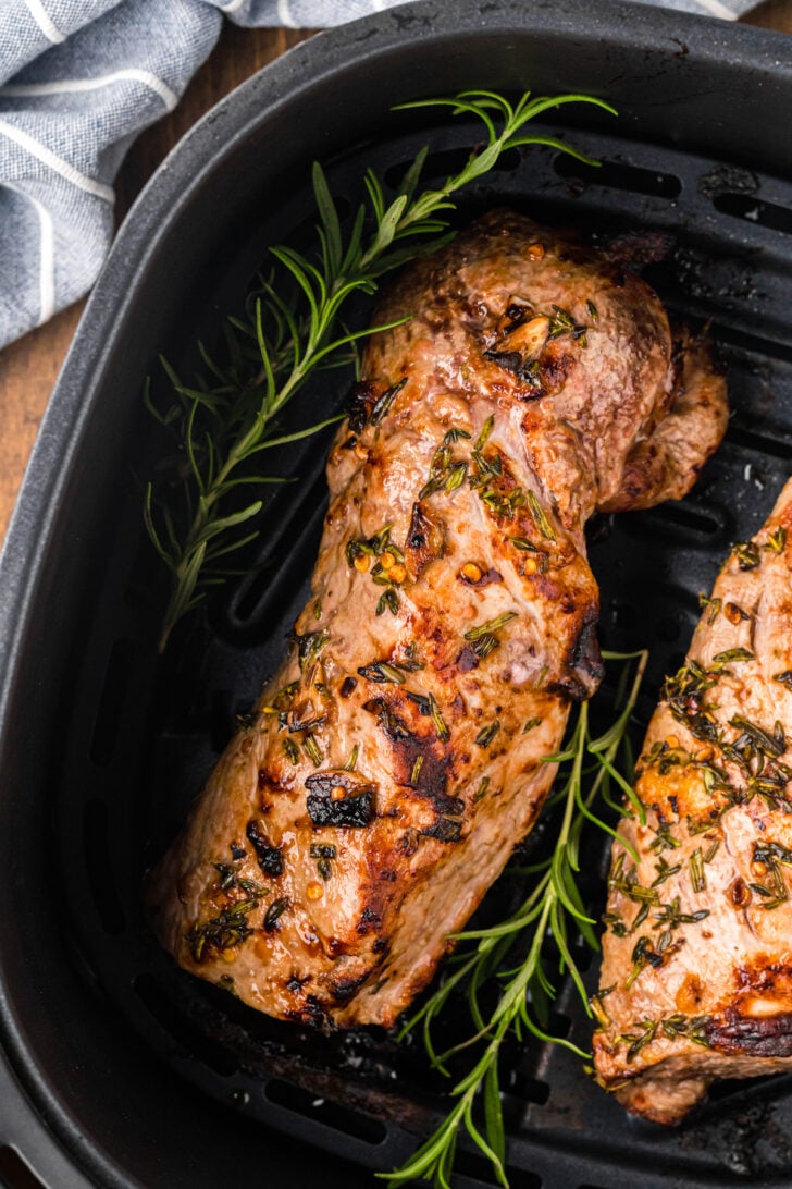 Balsamic marinated pork tenderloin resting after cooking in the air fryer