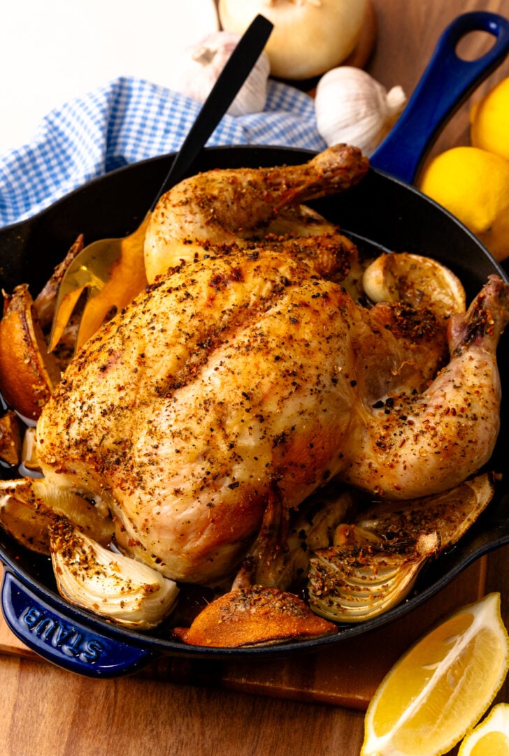 Golden brown roasted whole chicken in a blue roasting pan with onions and lemons.