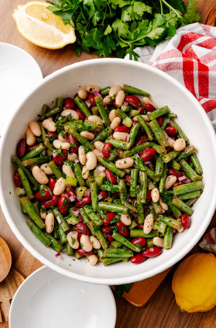 Three Bean Salad with green beans, white beans, and kidney beans in a light vinaigrette.