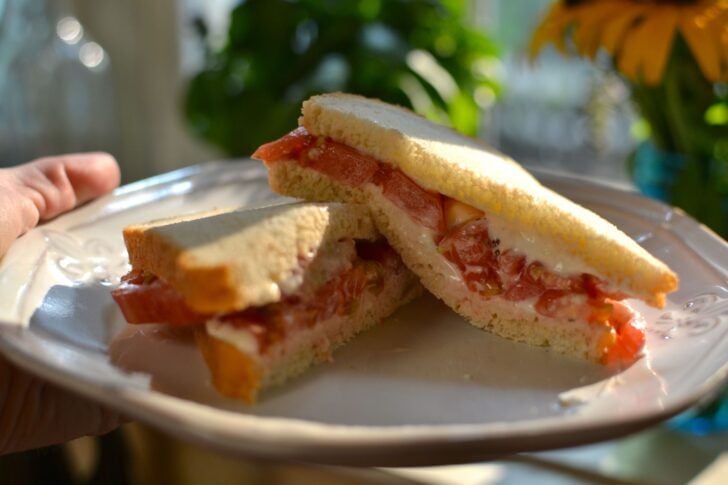 Fresh tomato sandwich on white bread with mayo served on a white plate.