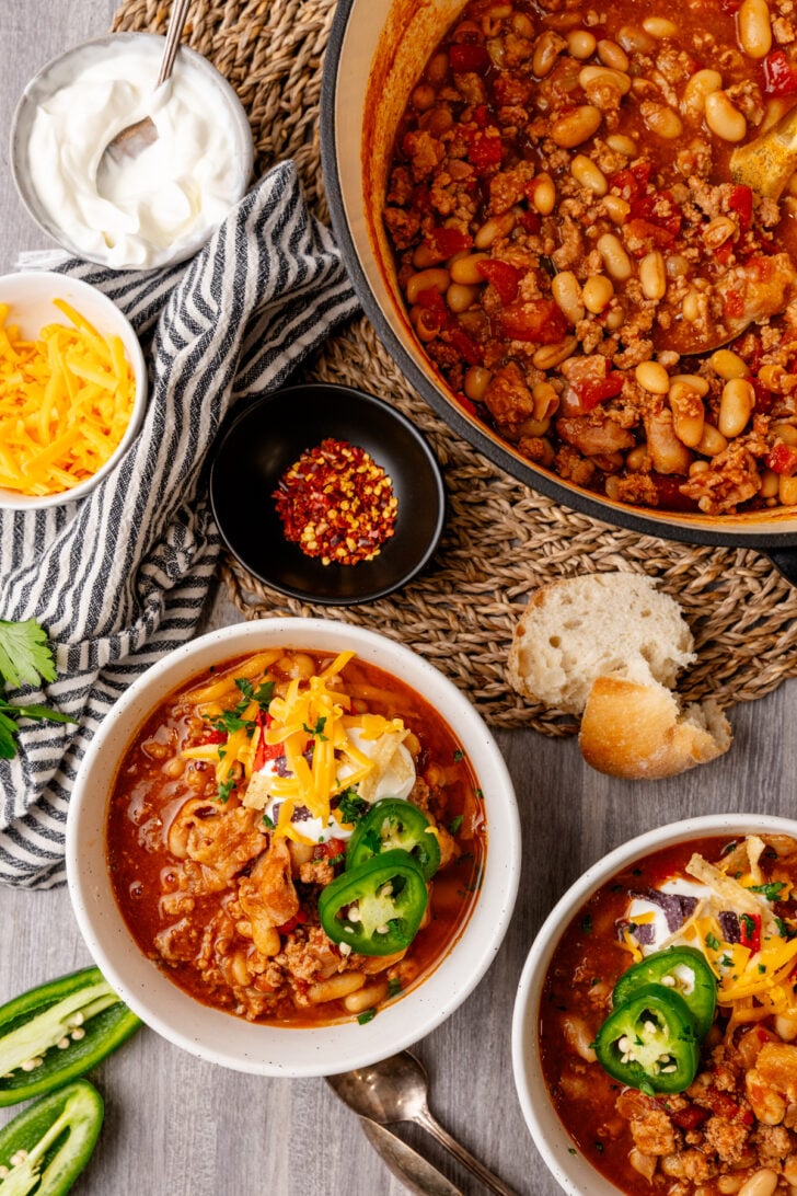 This amazingly flavorful Hearty Turkey Chili is loaded with tender ground turkey and beans in a rich tomato sauce with just the right amount of warm spice. It's healthy comfort food you can feel good about eating without skimping on taste!