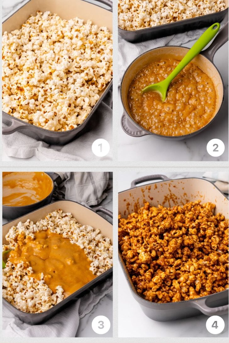 Photo 1 popcorn in a gray baking dish, Photo 2 - caramel cooked in a saute pan, Photo 3 - caramel poured over popcorn in a pan, baked caramel corn in a gray baking pan.