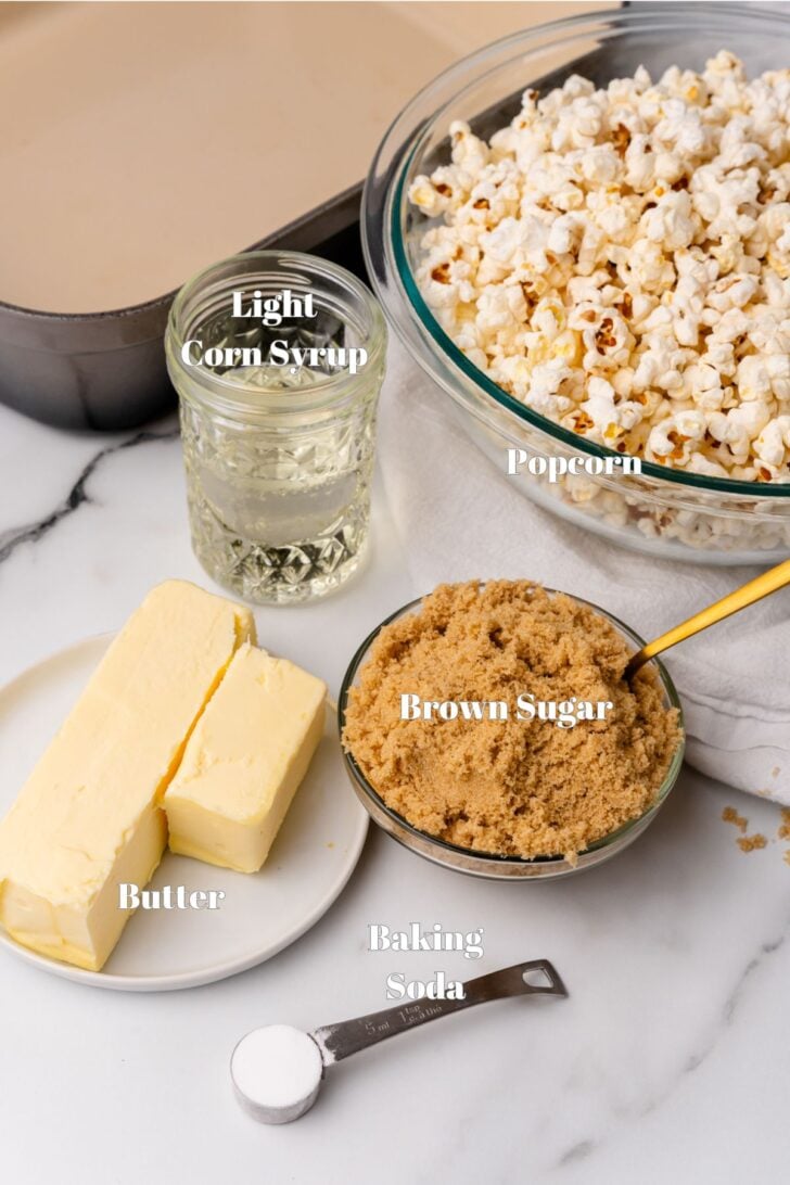 Popcorn, brown sugar, butter and other ingredients to make homemade caramel corn.