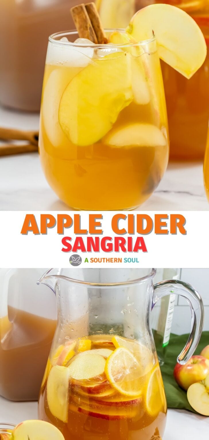 PHOTOS of Apple Cider Sangria in a glass and pitcher for serving.