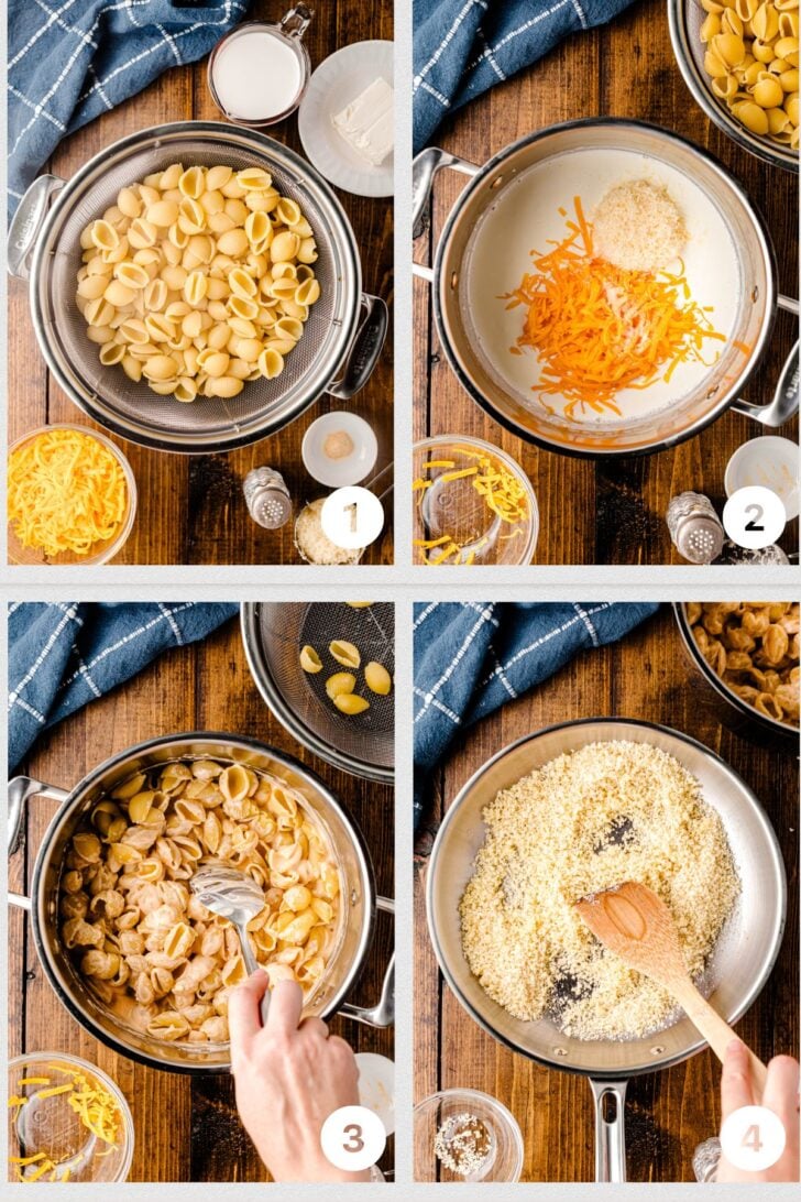 Photo 1 - cooked and drained shells pasta noodles, Photo 2 - milk and cheese in a pot to make cheese sauce, Photo 3 - cheese sauce mixed with pasta, Photo 4 - panko bread crumbs in a skillet to be toasted for topping.