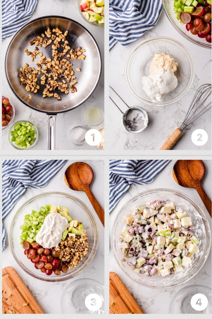 Photo 1 - walnuts in a metal skillet for toasting, Photo 2 - mayo, our cream for dressing, Photo 3 - glass bowl with celery, apples, grapes, nuts and dressing, Photo 3 - all ingredients mixed together.