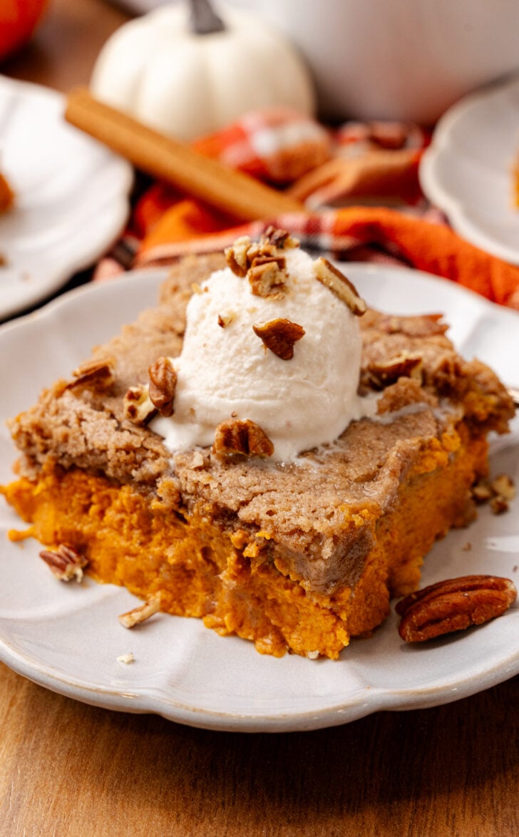 Pumpkin Spice Dump Cake topped with ice cream and chopped pecans served on a white plate.