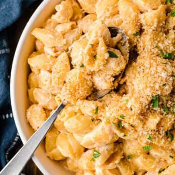 Easy Pasta Shells And Cheese in white bowl with spoon, topped with breadcrumbs and fresh parsley garnish