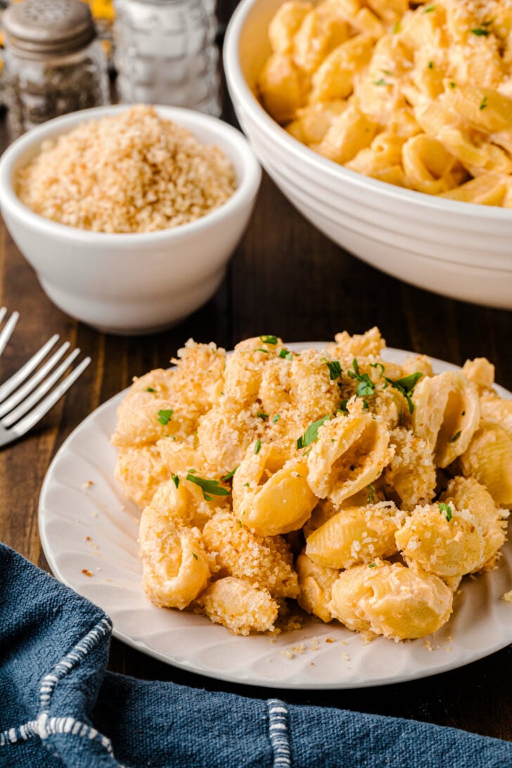 Shells and cheese with crispy topping served on a white plate for lunch or dinner.