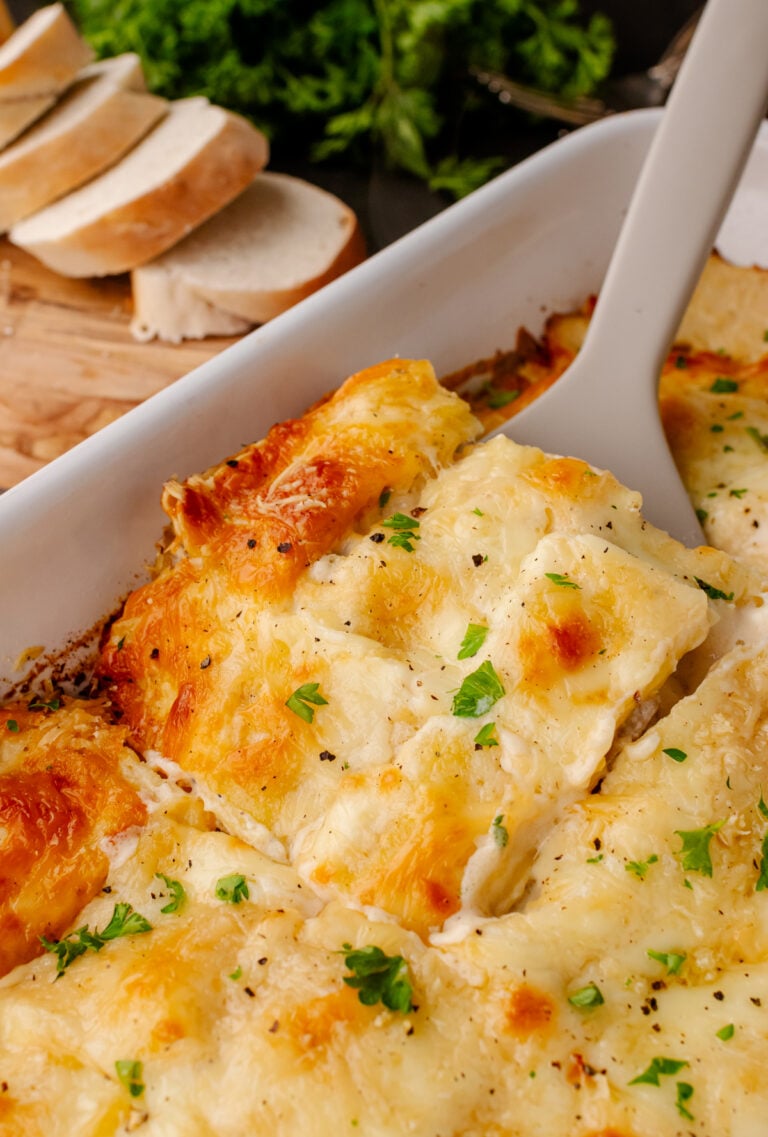 Creamy white chicken lasagna slice served on a plate
