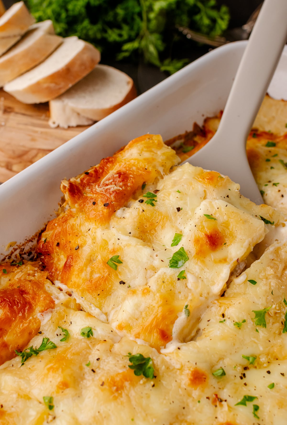 Creamy white chicken lasagna slice served on a plate