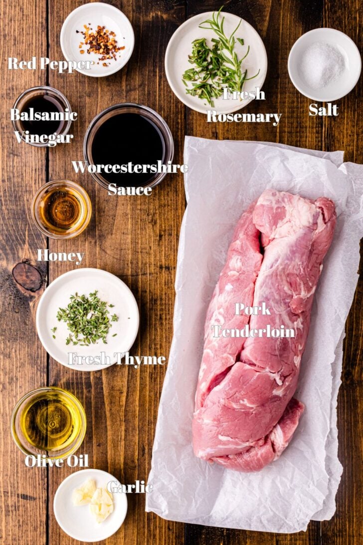 Air fryer pork tenderloin ingredients prepped in glass bowls and containers.