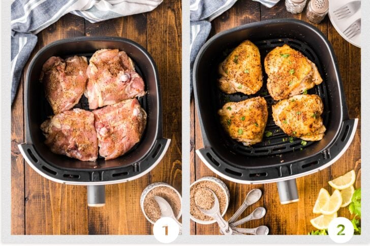 Photo 1 - air fryer chicken thighs in the basket of an air fryer, Photo 2 - cooked chicken thighs in basket of air fryer.