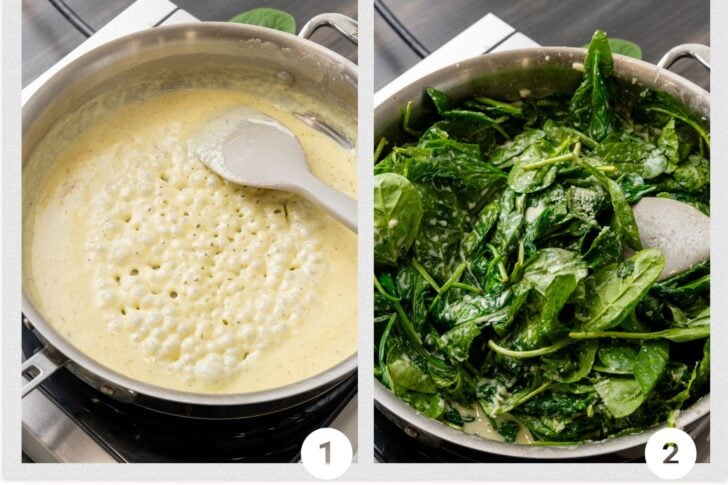 Photo 1 - cream sauce in a skillet, Photo 2- fresh spinach with cream sauce stirred with a spoon.