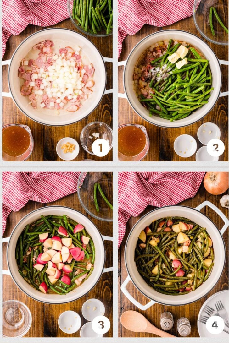 Photo 1- bacon and onions cooking in a white dutch oven, Photo 2 - green beans and butter added to bacon pot, Photo 3- red cubed potatoes added to green beans in white pot, Photo 4 - cooked green beans and potatoe with bacon in a dutch oven.
