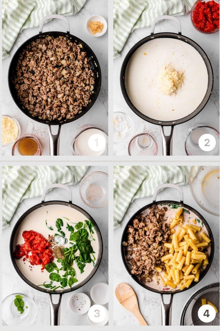 Four-step cooking process in a skillet: 1) Sautéed meat. 2) Added cream and cheese. 3) Added spinach, tomatoes, and spices. 4) Mixed in cooked pasta.