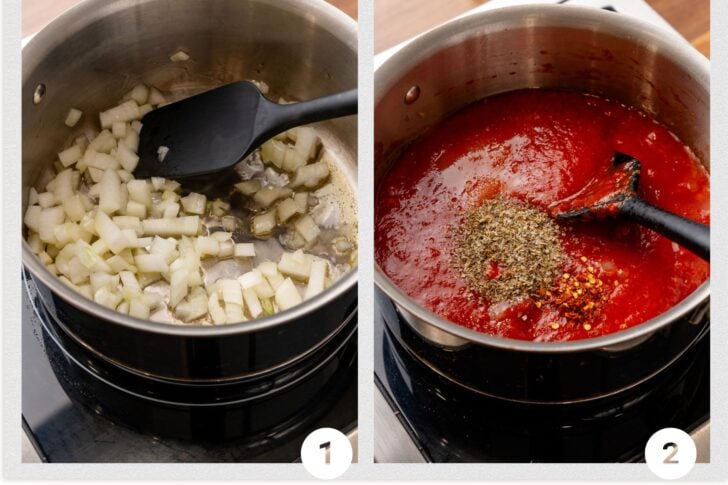 Photo 1 - onions sauteeing in a metal pot with olive oil, Photo 2 - tomato sauce with red pepper flakes, Italian seasoning in a metal pot being stirred with a spoon.