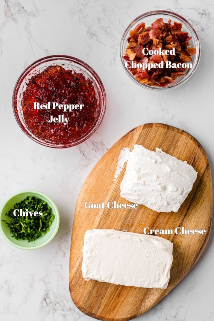 Cream cheese, bacon, red pepper jelly and other ingredients for warm dip appetizer.