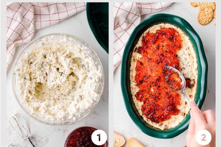 Photo 1 - cream cheese, bacon and herbs whilled in a glass bowl, Photo 2 - cream cheese layer topped with red pepper jelly in a green baking dish.