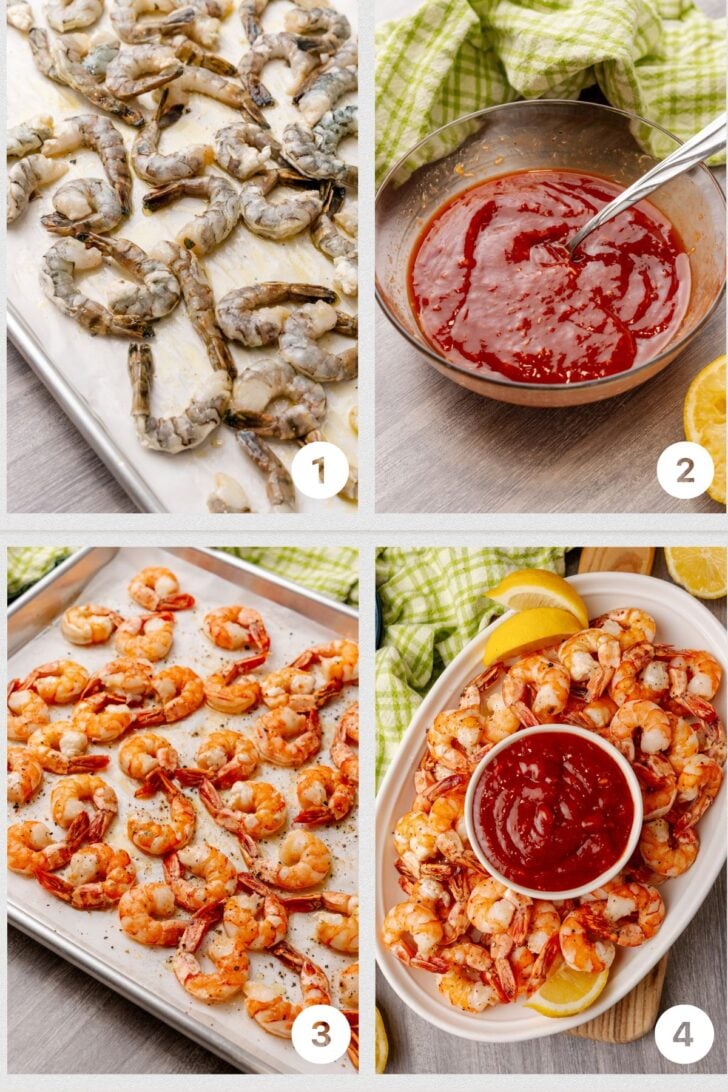 A collage of four images showing shrimp preparation. Image 1: Raw shrimp on a baking sheet. Image 2: Bowl of red sauce with a spoon. Image 3: Cooked shrimp on a baking sheet. Image 4: Cooked shrimp arranged around a bowl of sauce on a platter with lemon slices.