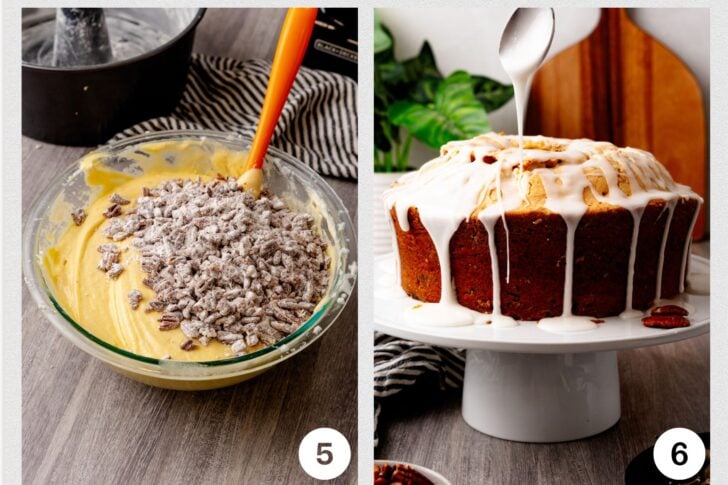 A two-part image: on the left, a mixing bowl with batter and pecans stirred with an orange spatula; on the right, icing being poured over a baked bundt cake on a white stand.