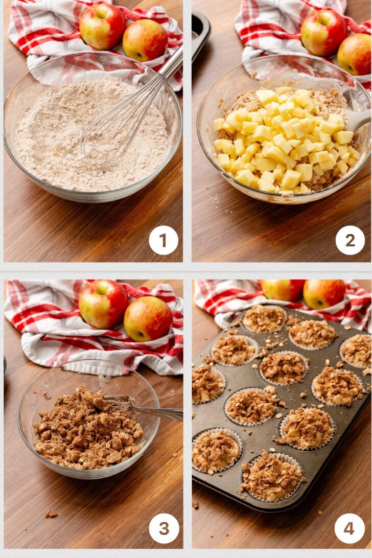 A step-by-step collage showing the process of making Honeycrisp Muffins: mixing the batter, folding in diced apples, filling the muffin tin, making the topping and filling the muffin tin.