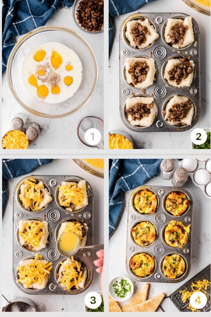 A four-step image showing a recipe process: 1) Eggs mixed in a bowl. 2) Bread cups in a muffin tray filled with cooked sausage. 3) Topped with cheese and egg mixture. 4) Baked golden egg and sausage cups garnished with herbs.