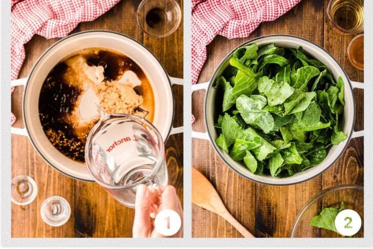 Image split into two sections. Left: A pot with brown sauce ingredients being mixed with a measuring cup of water. Right: The same pot filled with fresh chopped greens. Red checkered cloth and wooden spoon on a wooden table.