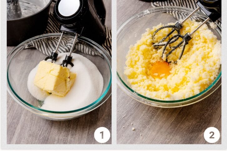 Two images showing baking steps. Image 1: An electric mixer above a glass bowl with butter and sugar. Image 2: The same bowl with mixed butter and sugar, and an egg added for further mixing.